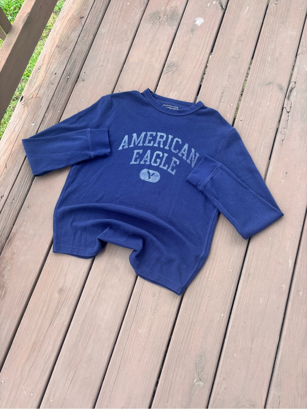 American Eagle Waffle Knit Thermal Long Sleeve Navy Large Y2K Vintage